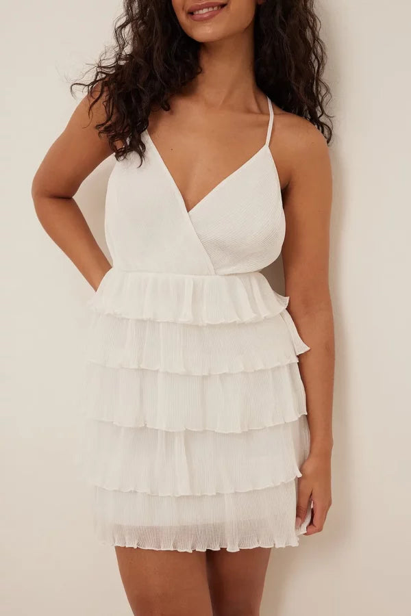 Flounce Plissé Dress White