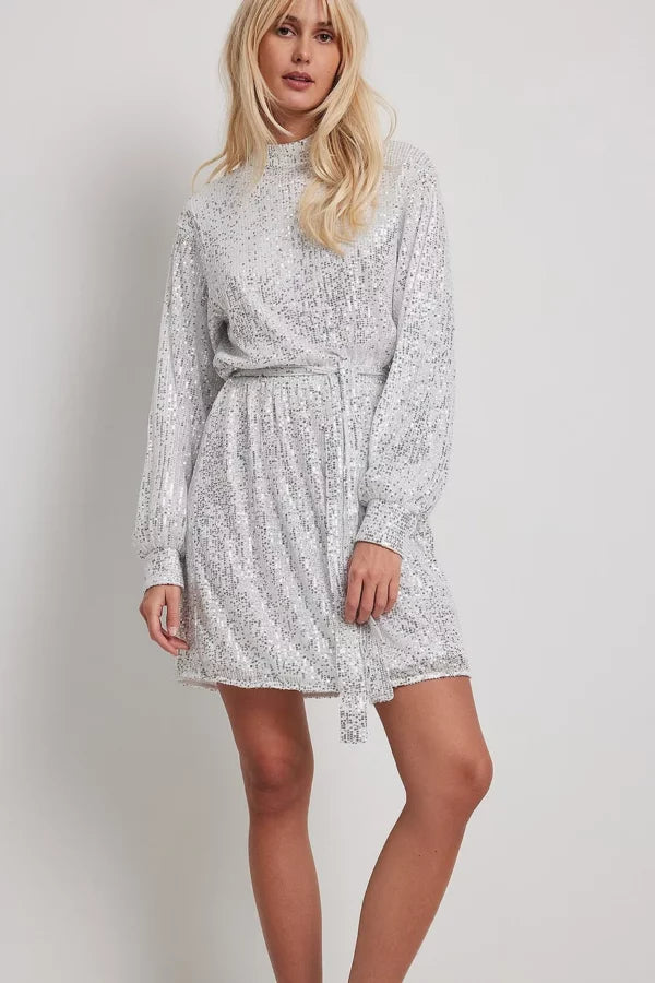 Flowy Belted Sequin Dress