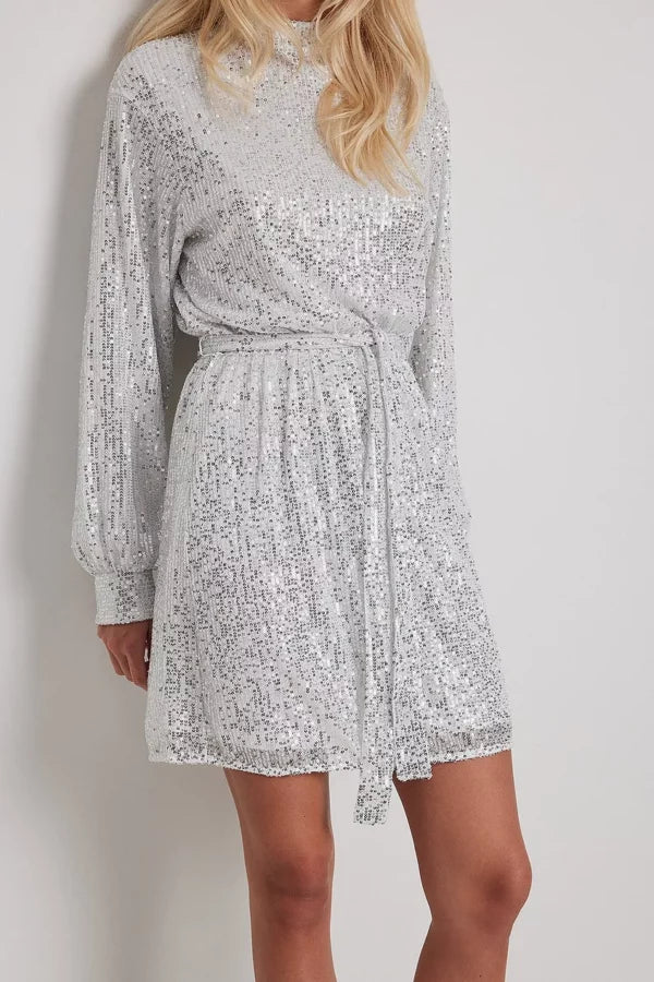 Flowy Belted Sequin Dress