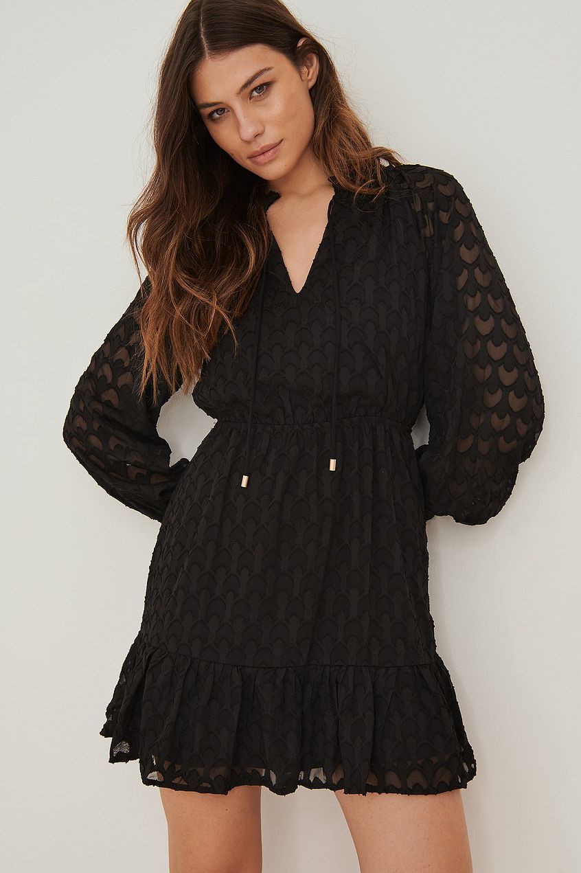 Frill Neck Jacquard Detail Mini Dress