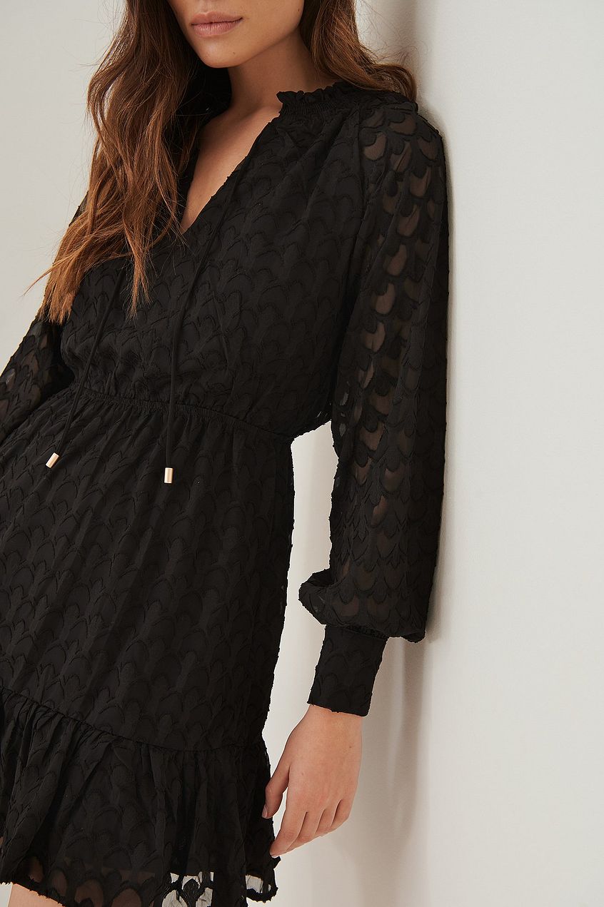 Frill Neck Jacquard Detail Mini Dress