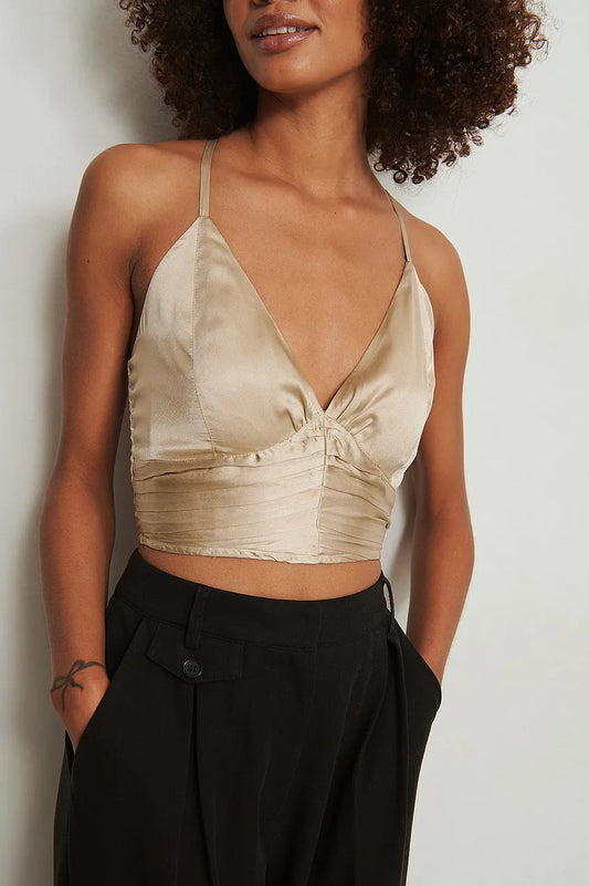 Gathered Waist V-Neck Satin Top