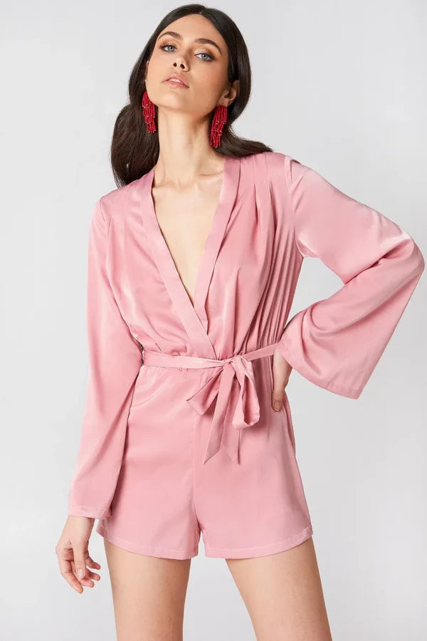 Deep V-neck Satin Playsuit Pink