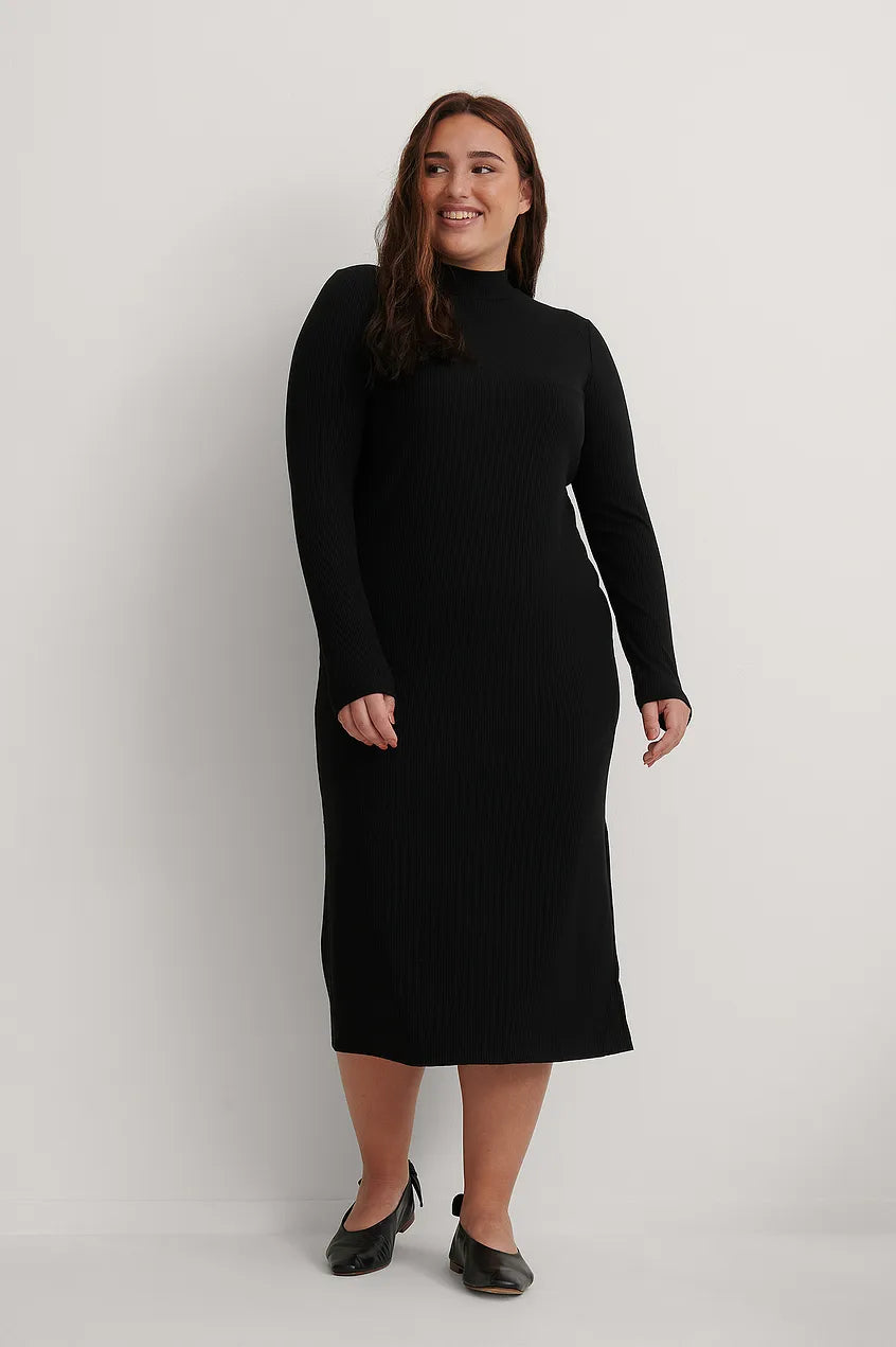 Recycled Highneck Ribbed Basic Longsleeve Dress