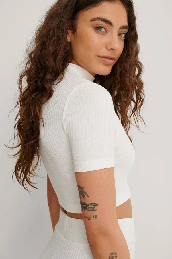 High Neck Ribbed Short Sleeved Top Offwhite