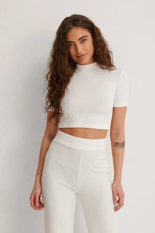 High Neck Ribbed Short Sleeved Top Offwhite