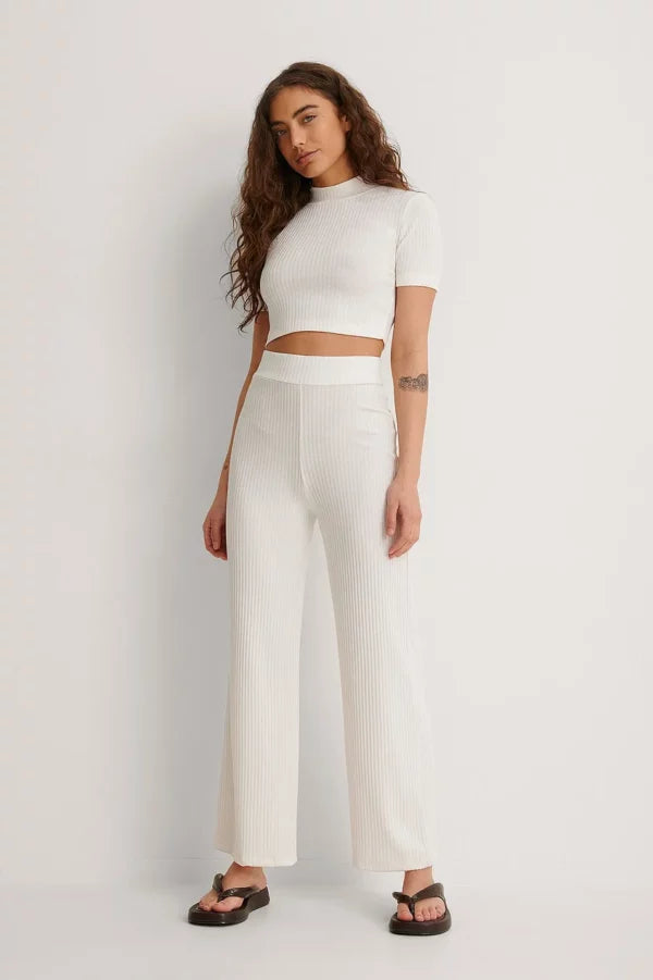 High Neck Ribbed Short Sleeved Top Offwhite