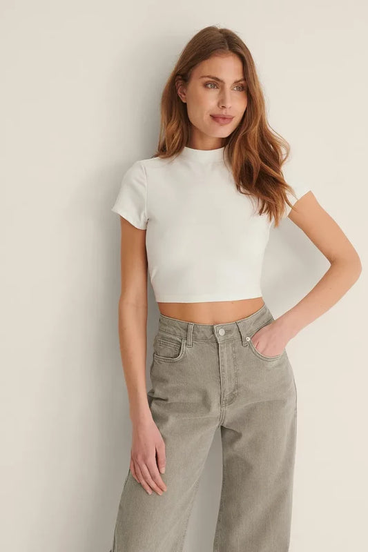 High Neck Open Back Tie Detail Top Offwhite
