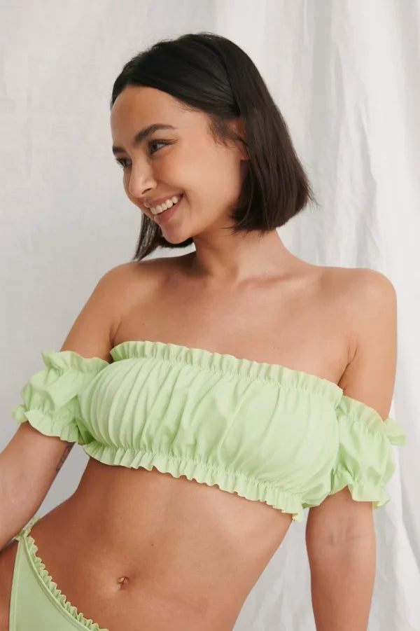 Off Shoulder Recycled Ruffled Bikini Top Green