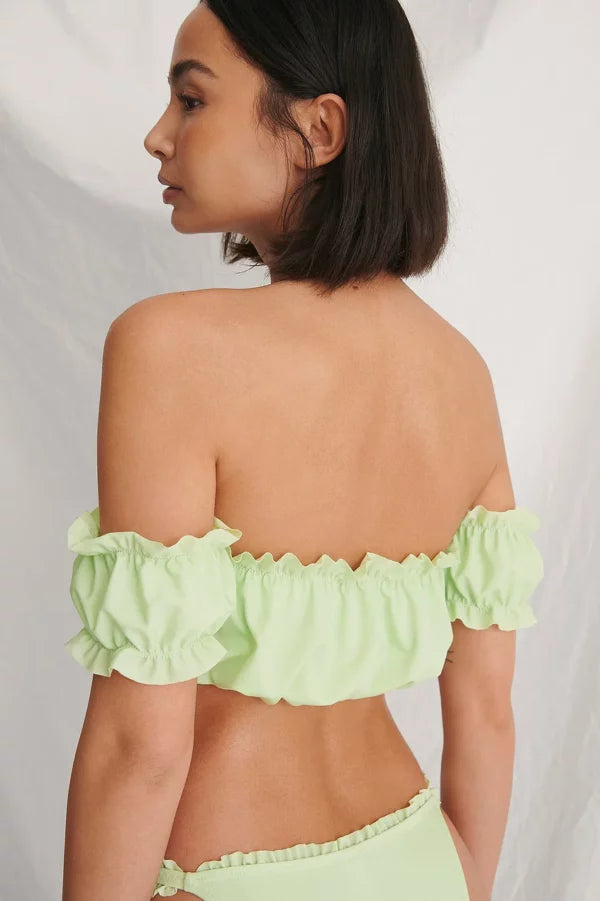 Off Shoulder Recycled Ruffled Bikini Top Green