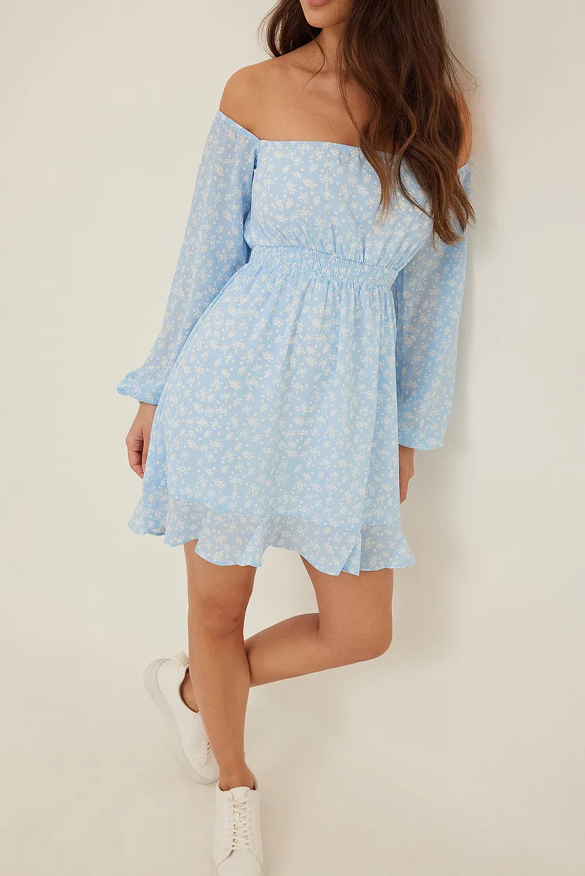 Off Shoulder Smocked Recycled Mini Dress
