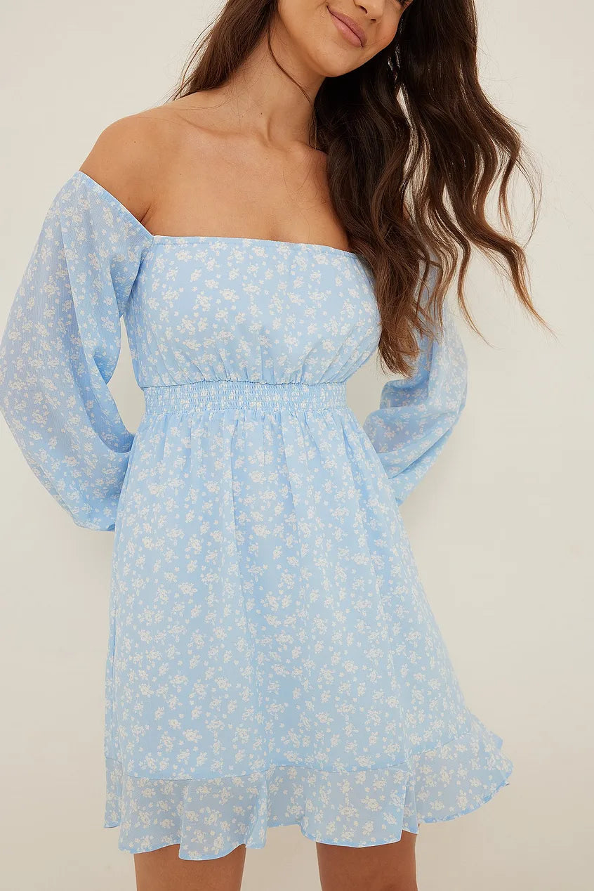 Off Shoulder Smocked Recycled Mini Dress