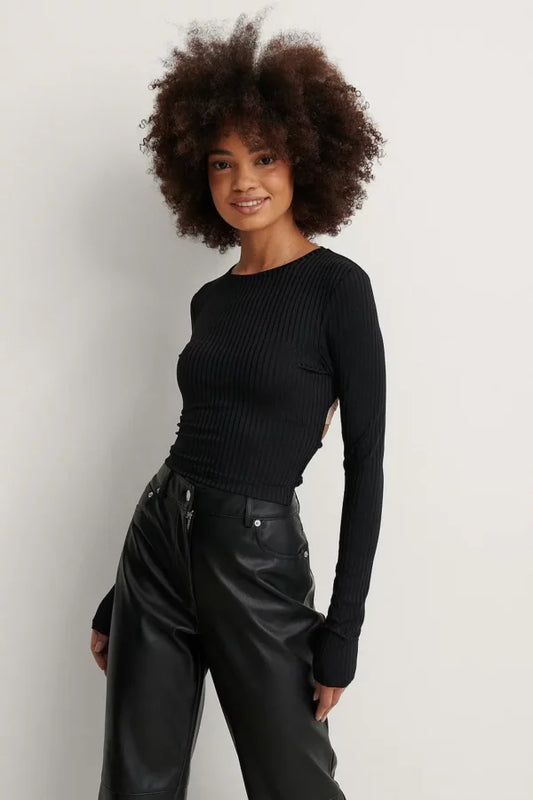 Open Back Rib Lace Detail Top Black