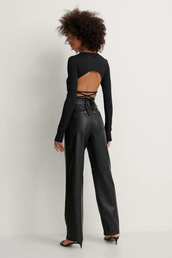 Open Back Rib Lace Detail Top Black