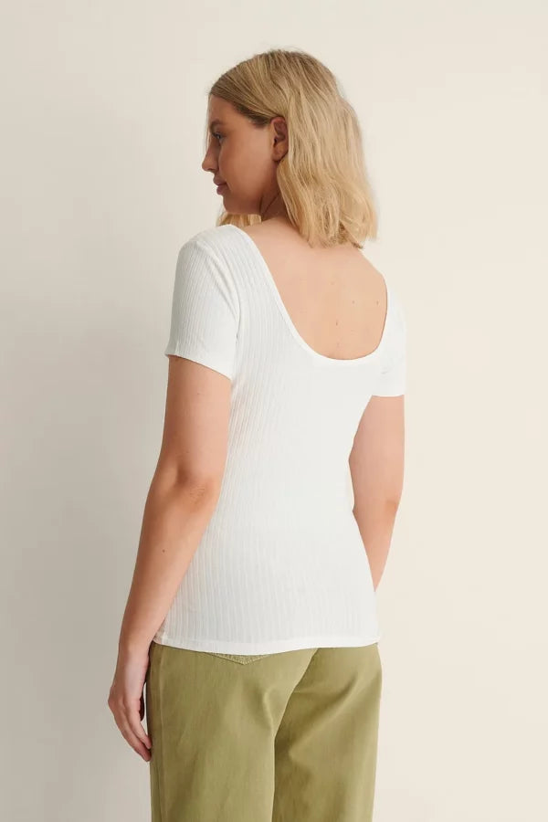 Deep Round Neck Rib Short Sleeve Top White