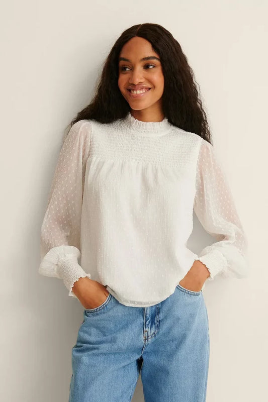 Dobby Smocked Frill Neck Blouse White