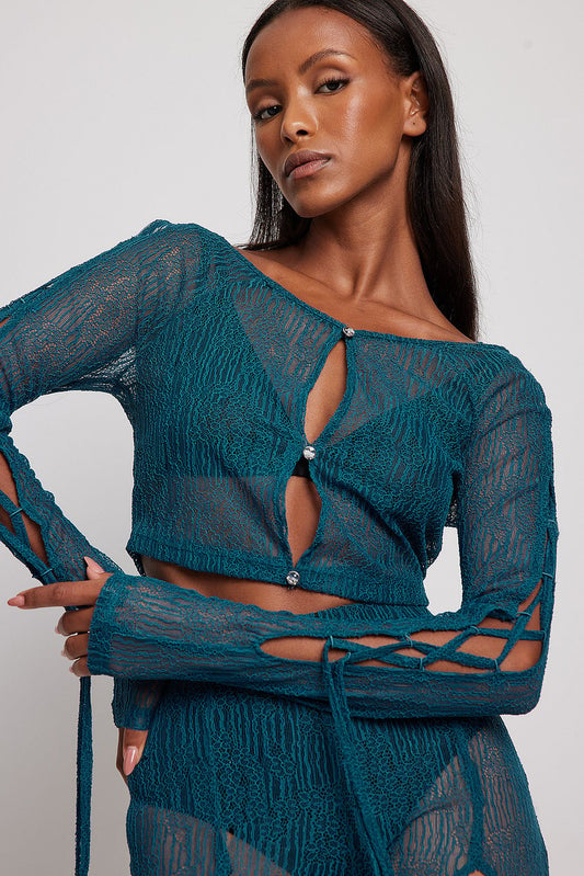 Rhinestone Button Lace Top