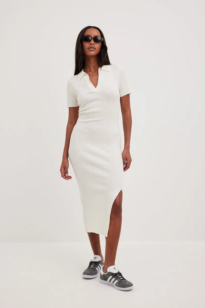 Rib Knitted Collar Midi Dress