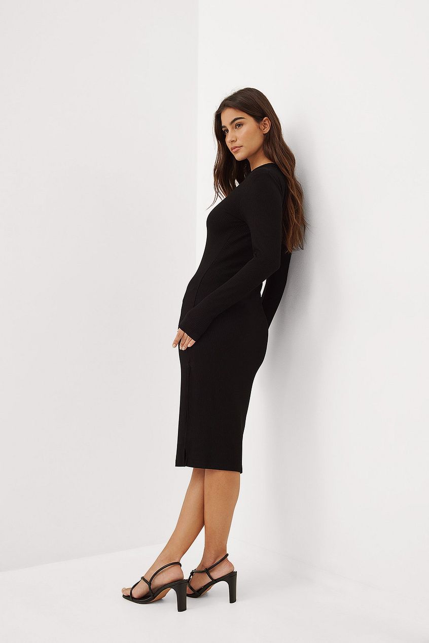 Ribbed Slit Detail Midi Dress