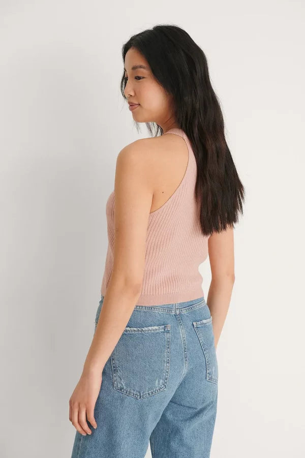 Ribbed High Neck Cropped Knitted Singlet