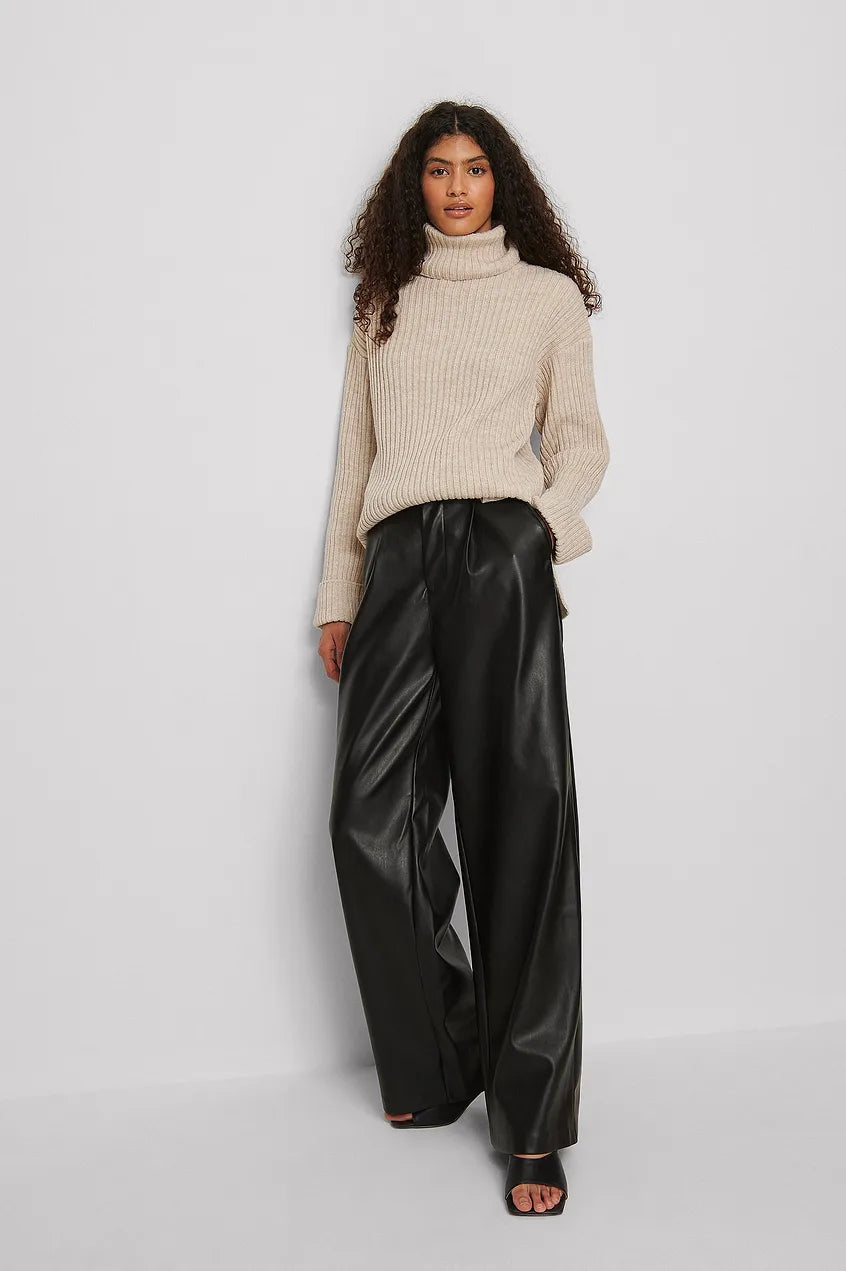 Ribbed Knitted Turtleneck Side Slit Sweater