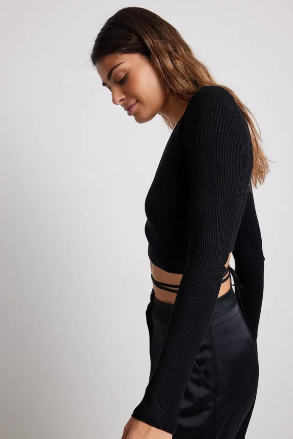 Ribbed Knitted Wrap Sweater