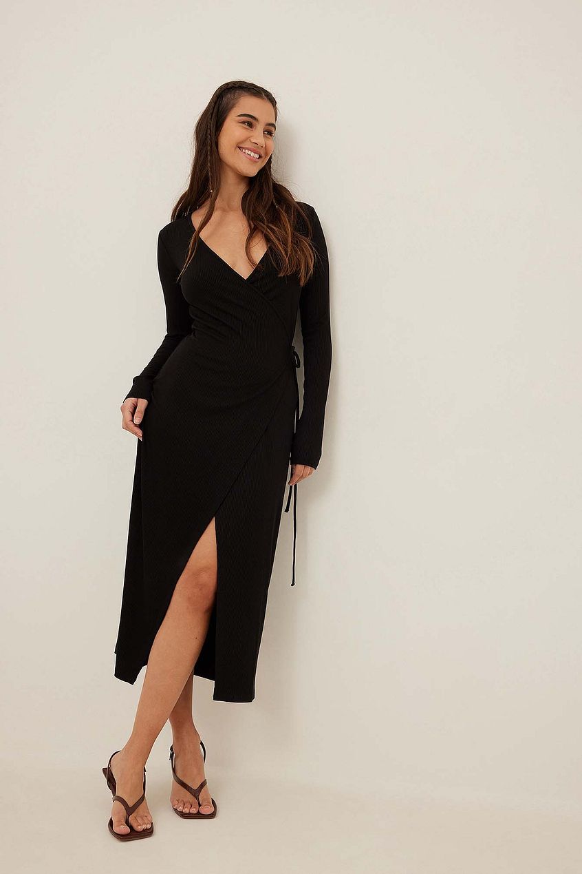 Ribbed Wrap Midi Dress Black