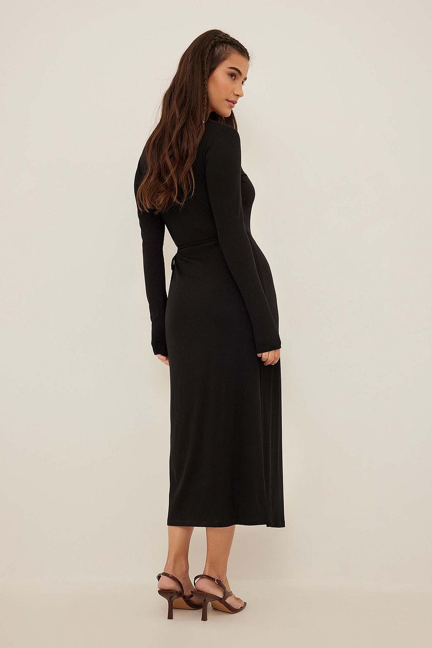 Ribbed Wrap Midi Dress Black