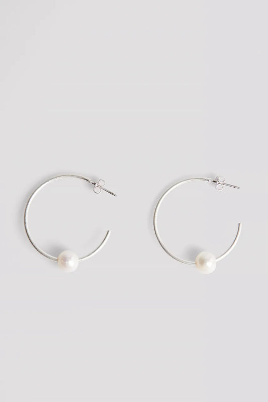 Round Pearl Hoops Silver