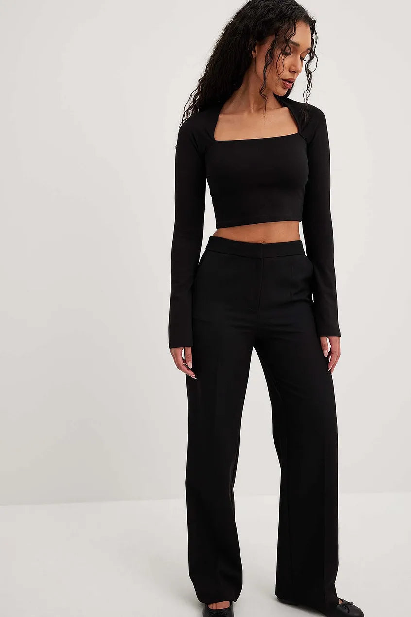 Square Neck Trumpet Sleeve Top Black