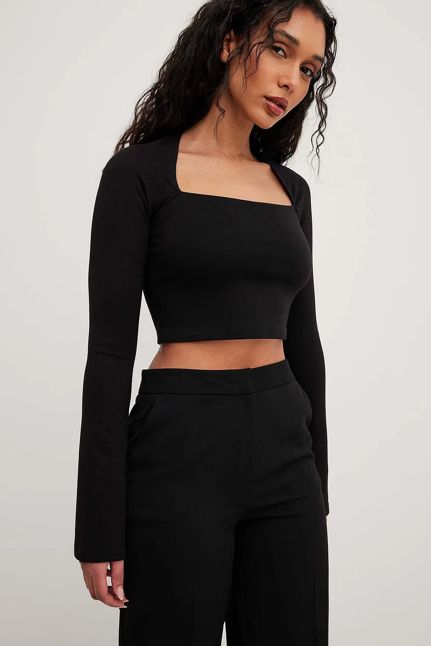 Square Neck Trumpet Sleeve Top Black