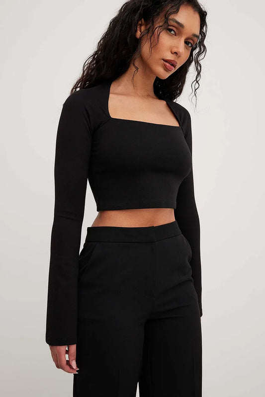 Square Neck Trumpet Sleeve Top Black