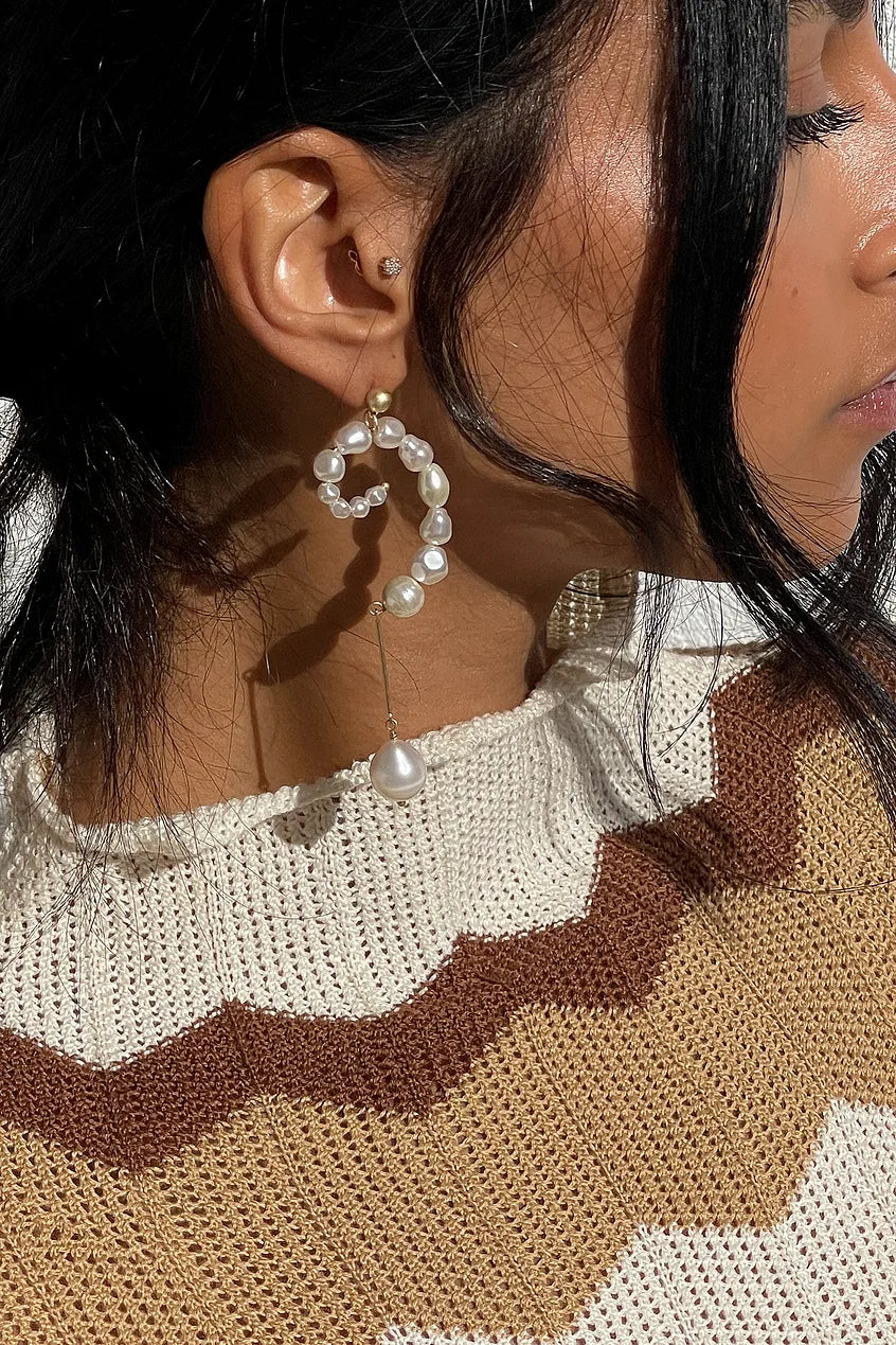 Swirl Hanging Pearl Earrings White