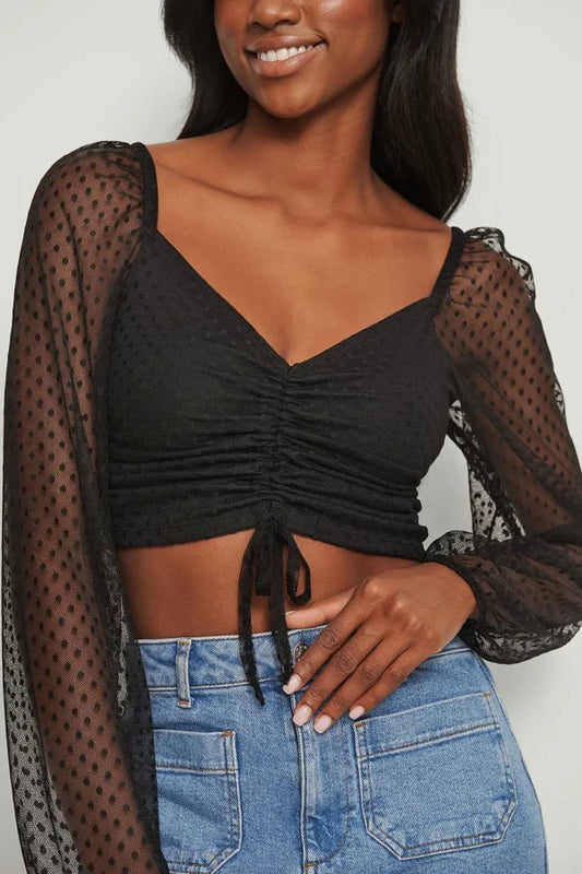 Swiss Dot Drawstring Mesh Top Black