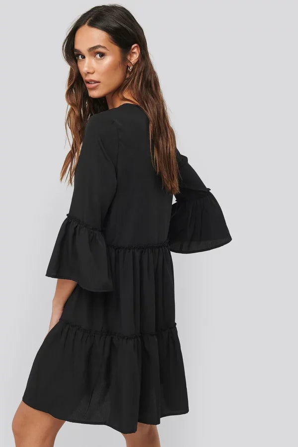 V-neck Ruffle Dress Black