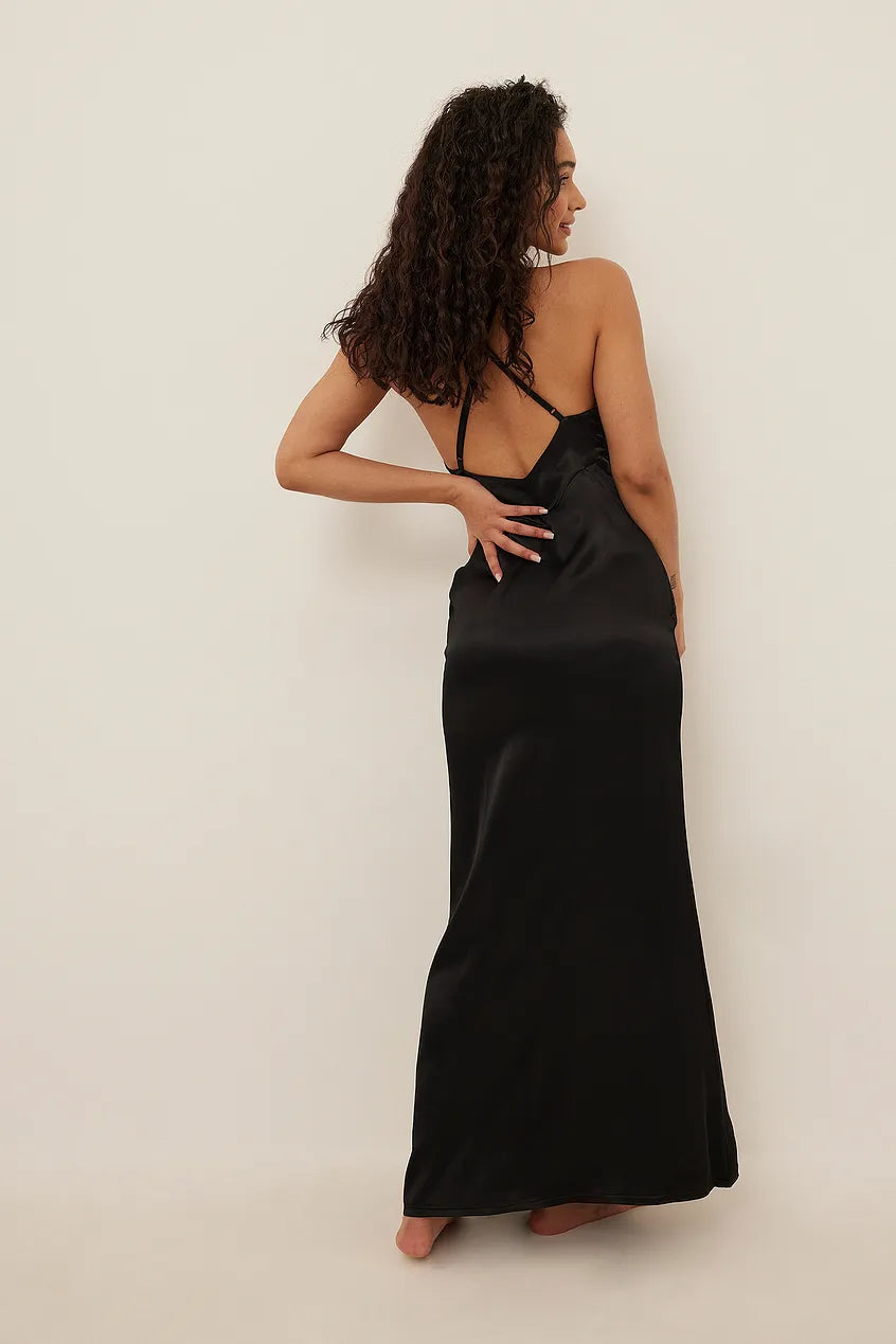 V-neck Satin Maxi Dress Black