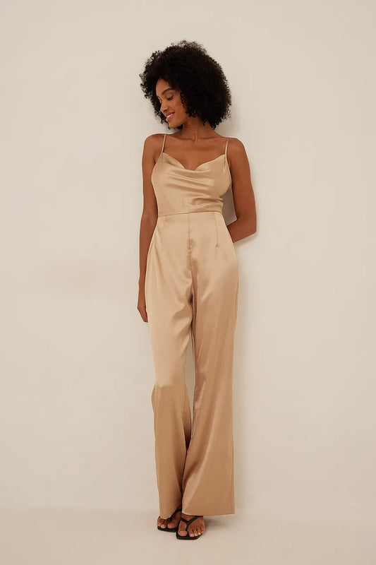 Waterfall Neckline Jumpsuit Beige