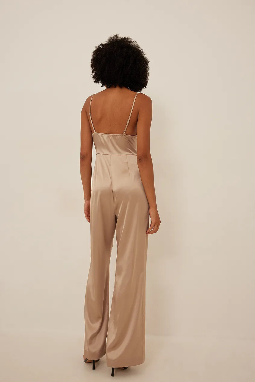 Waterfall Neckline Jumpsuit Beige