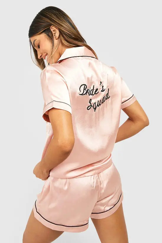 boohoo Bride Squad Satin Embroidered Pj Short Set