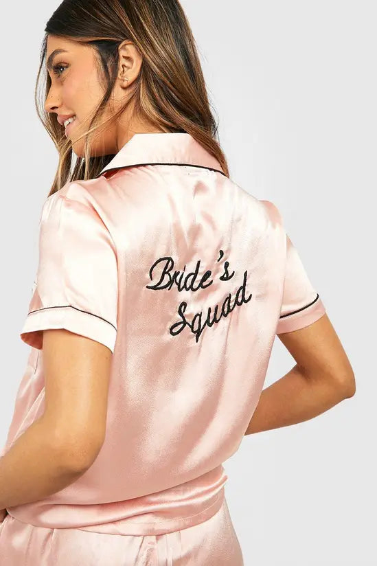 boohoo Bride Squad Satin Embroidered Pj Short Set