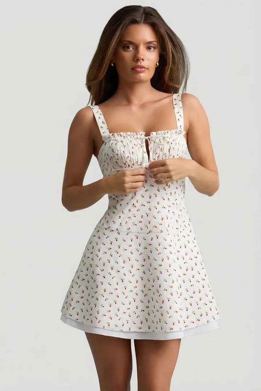 Ohpolly - Lace-Up Cotton-Poplin Mini Dress in Rose Print