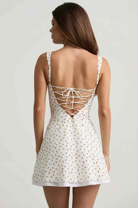 Ohpolly - Lace-Up Cotton-Poplin Mini Dress in Rose Print