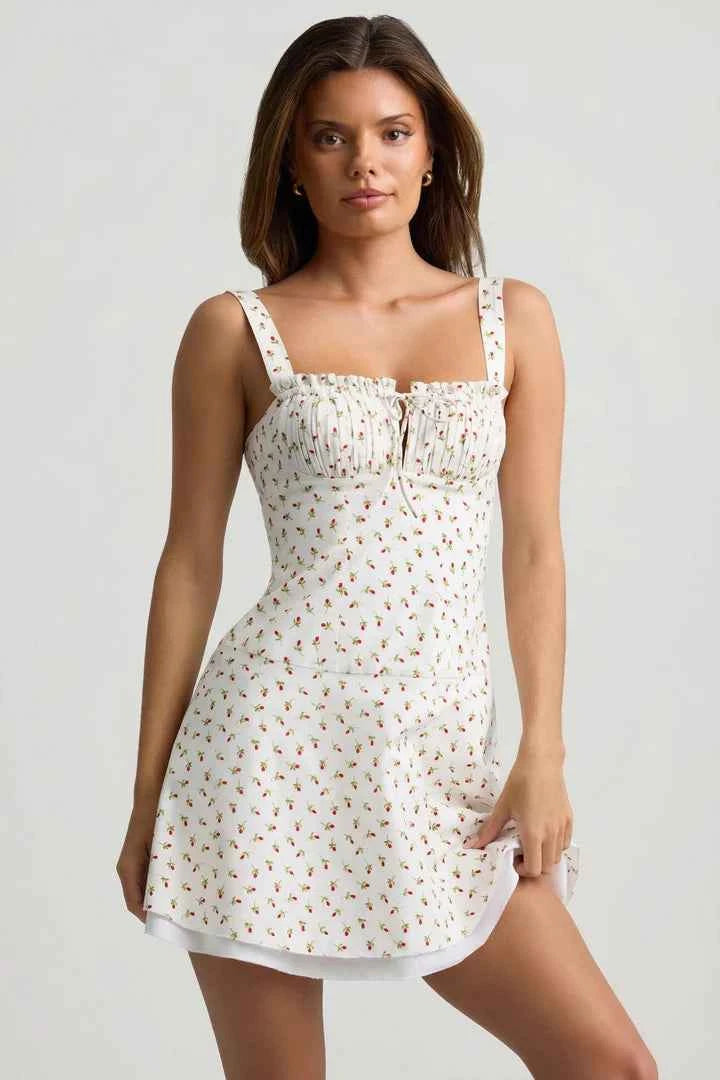 Ohpolly - Lace-Up Cotton-Poplin Mini Dress in Rose Print
