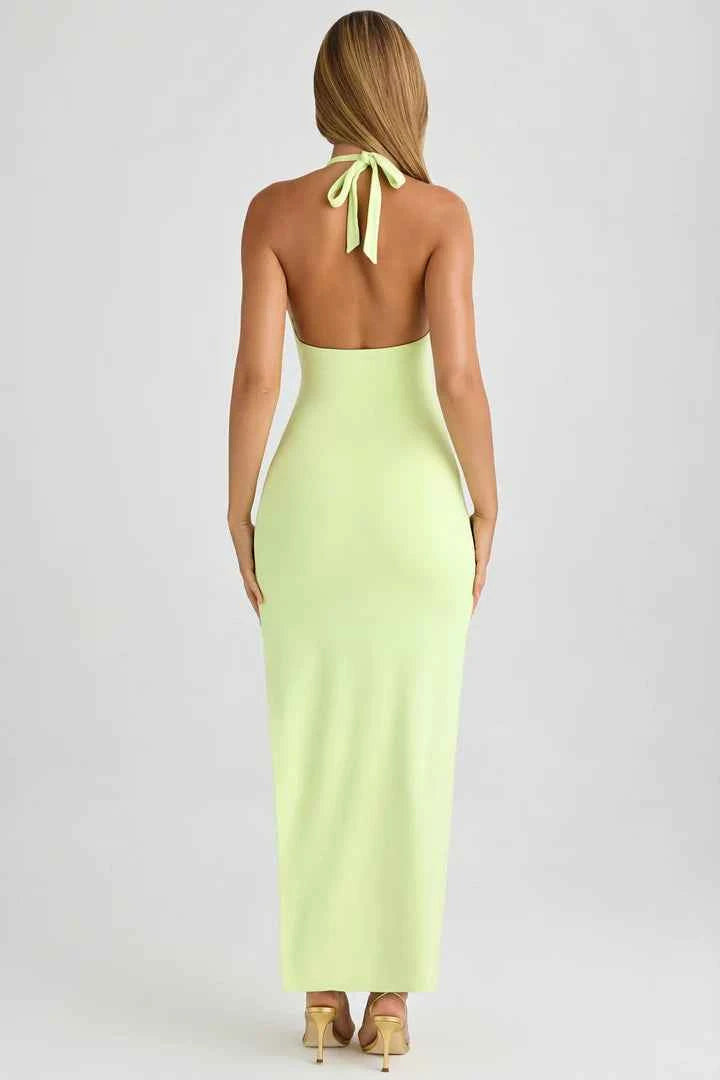Ohpolly - Modal Halter-Neck Thigh-Split Maxi Dress in Matcha Green