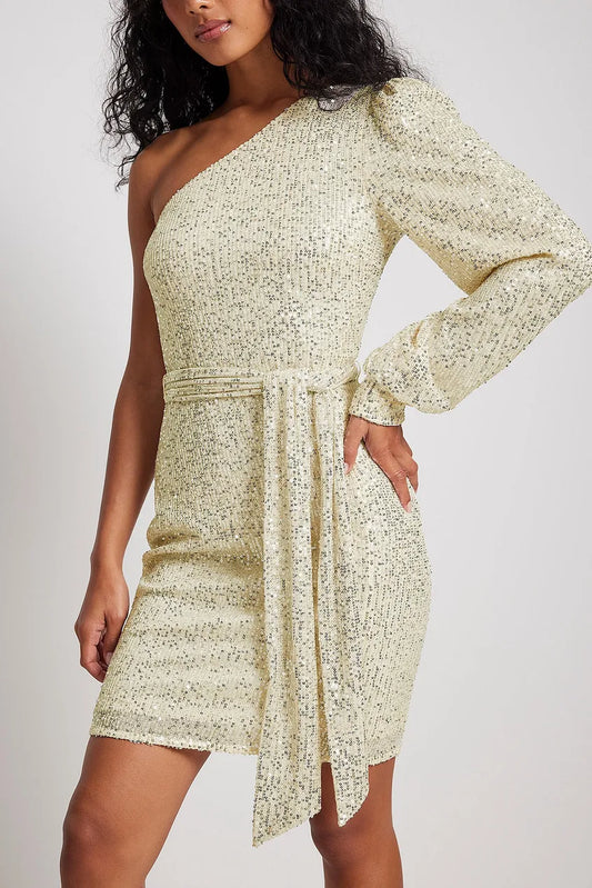 One Shoulder Belted Sequin Dress