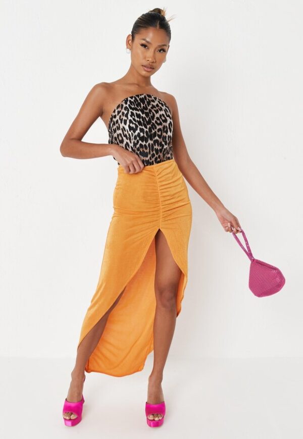 Orange Slinky Ruched Front Maxi Skirt