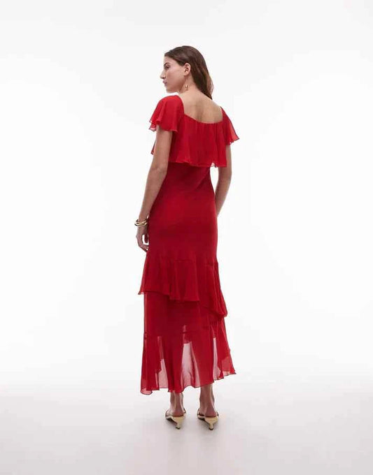 & Other Stories asymmetric midaxi dress with tiered ruffles in red