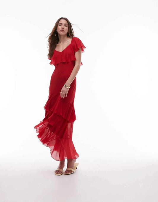 & Other Stories asymmetric midaxi dress with tiered ruffles in red