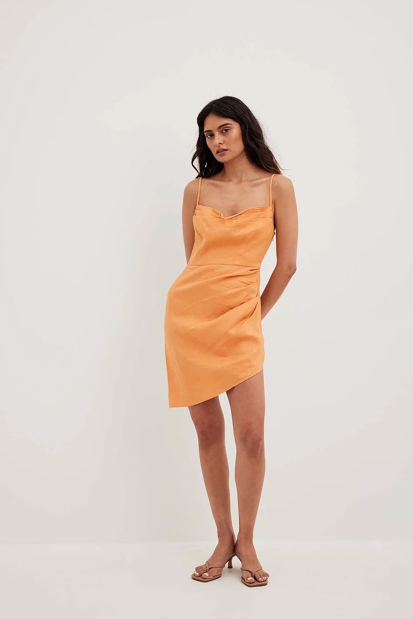 Overlap Waterfall Linen Dress Orange