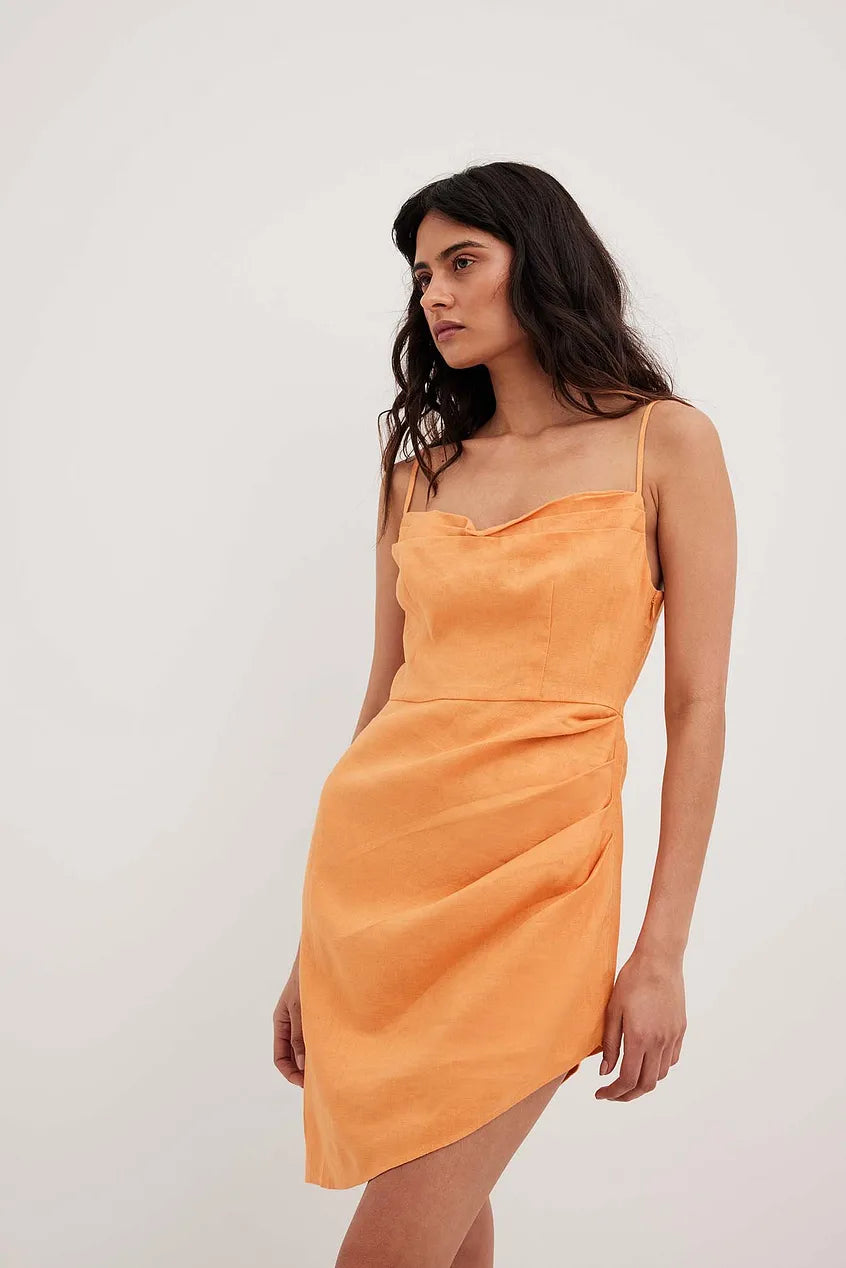 Overlap Waterfall Linen Dress Orange